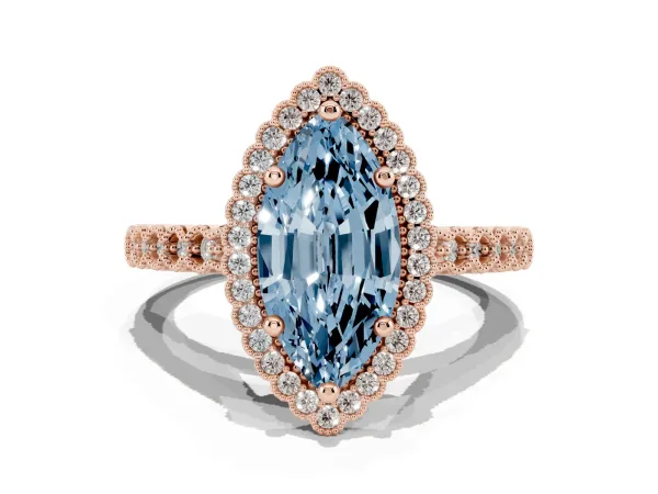Fancy Blue Marquise Cut Cut Halo Pavé Solitaire Ring with Milgrain Band Rose gold