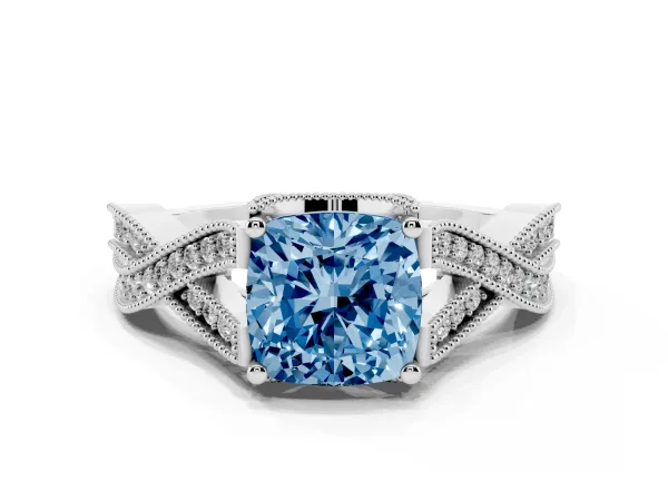 Fancy Blue Cushion Cut Cut Diamond Twisted Band with Milgrain Pave Setting and Four-Prong Setting Platinum