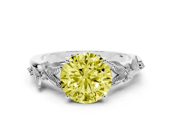 Fancy Yellow Round Cut Diamond Solitaire Ring with Leaf Motif Band and Four-Prong Setting White gold