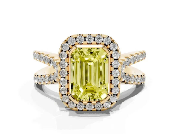 Fancy Yellow Emerald Cut Diamond Halo Ring with Split Shank Pavé Band and Prong Setting Yellow gold