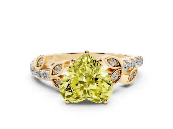 Fancy Yellow Heart Cut Solitaire Leaf-Inspired Diamond Ring with Pavé Band and Four-Prong Setting Yellow gold
