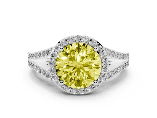 Fancy Yellow Round Cut Halo Split Shank Pave Diamond Ring with Four-Prong Setting Platinum
