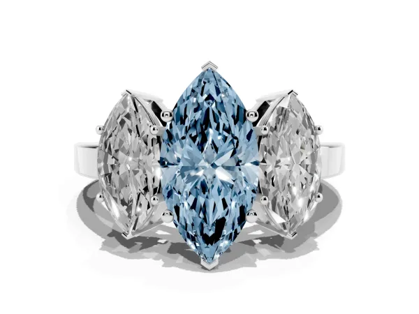 Fancy Blue Three-Stone Marquise Cut Cut Diamond Engagement Ring with Flat Band and Four-Prong Setting Platinum