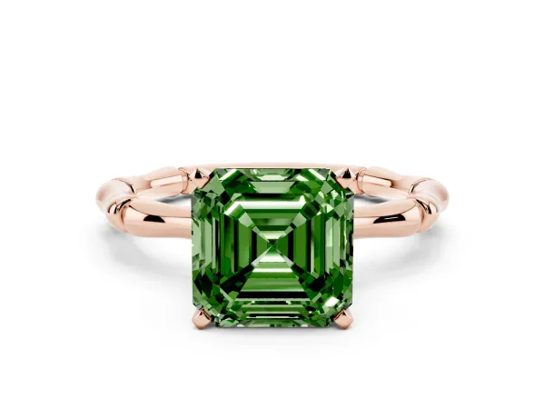 Fancy Green Asscher Cut Solitaire Diamond Ring with Bamboo Band and Four-Prong Setting Rose gold