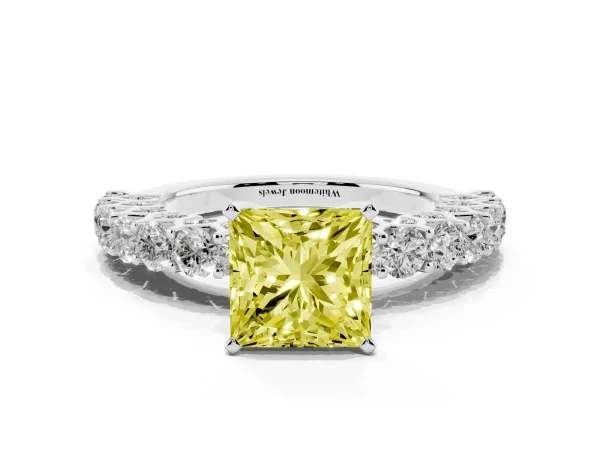 Fancy Yellow Princess Cut Diamond Solitaire Ring with Shared Prong Pavé Band and Four-Prong Setting Platinum