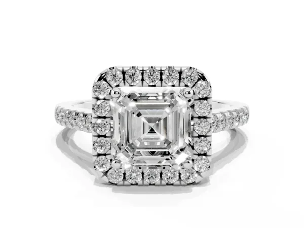 Asscher Cut Halo Pavé Diamond Engagement Ring with Four-Prong Setting Platinum