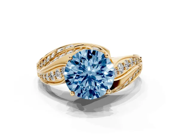 Fancy Blue Round Cut Diamond Solitaire Ring with Prong Setting and Twisted Pavé Band Yellow gold