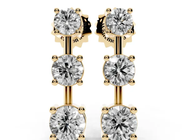 Three-Stone Round Cut Drop Earrings with Prong Setting Yellow gold