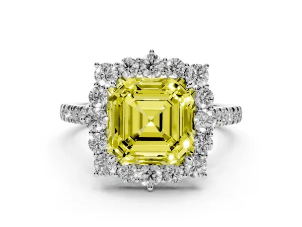 Fancy Yellow Asscher Cut Halo Diamond Ring with Pavé Band and Prong Setting White gold