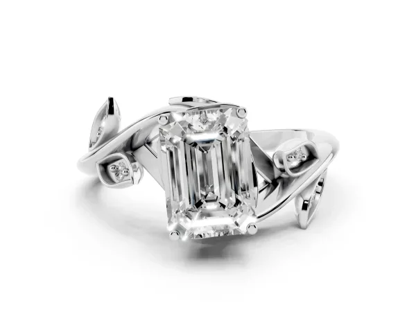 Emerald Cut Solitaire Twist Engagement Ring with Leaf Accents and Prong Setting White gold