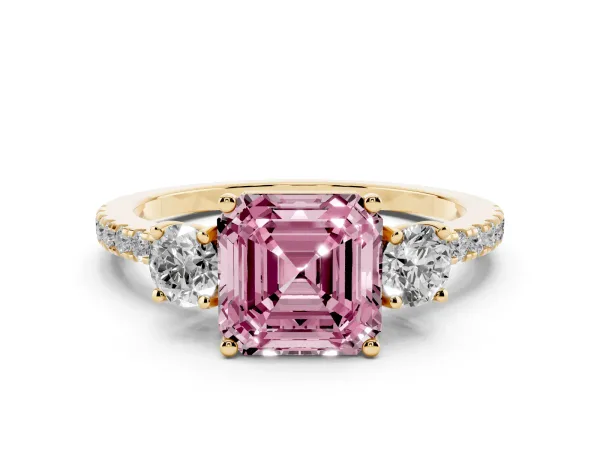 Fancy Pink Three-Stone Asscher Cut Cut Diamond Pavé Band with Prong Setting Yellow gold