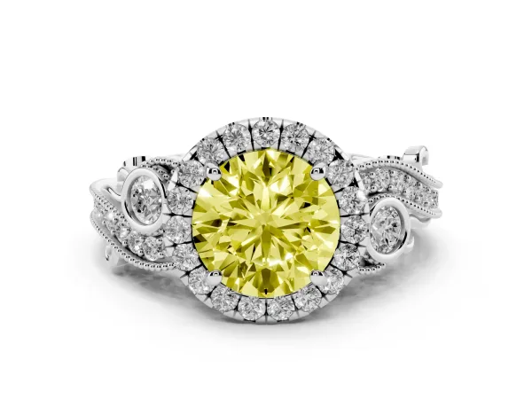 Fancy Yellow Round Cut Diamond Halo Ring with Milgrain Pavé Band and Four-Prong Setting Platinum