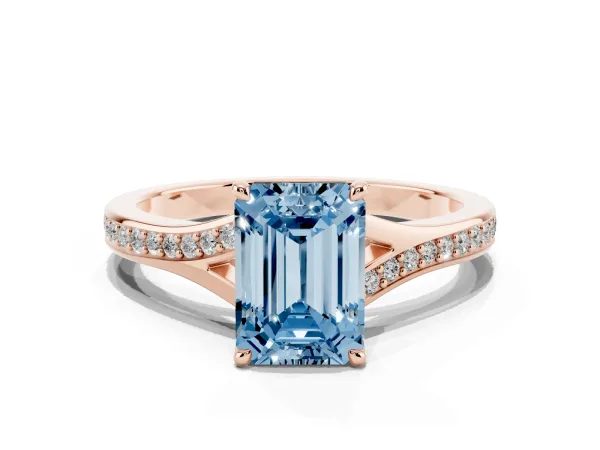 Fancy Blue Emerald Cut Diamond Solitaire Ring with Pavé Band and Prong Setting Rose gold