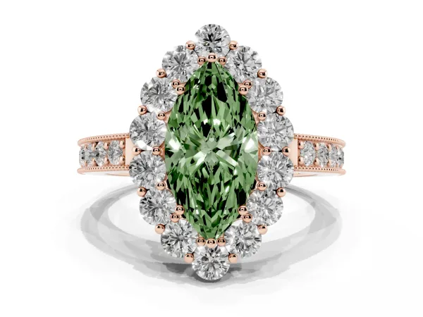Fancy Green Marquise Cut Cut Halo Diamond Pavé Engagement Ring with Milgrain Detailing Rose gold
