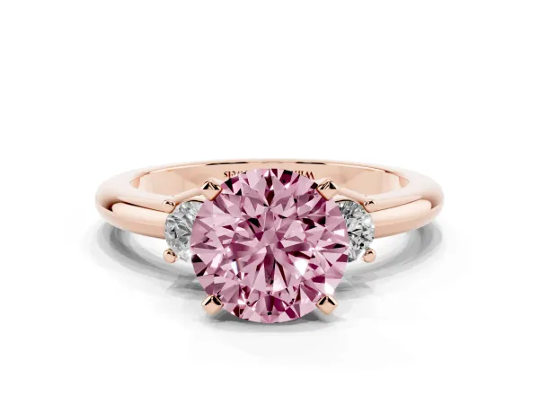 Fancy Pink Three-Stone Round Cut Cut Diamond Solitaire with Prong Setting and Classic Band Rose gold