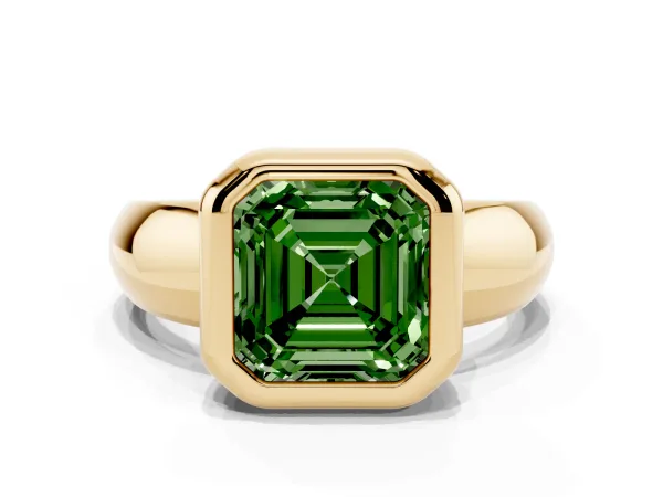 Fancy Green Bezel Set Asscher Cut Solitaire Ring with Wide Band Yellow gold
