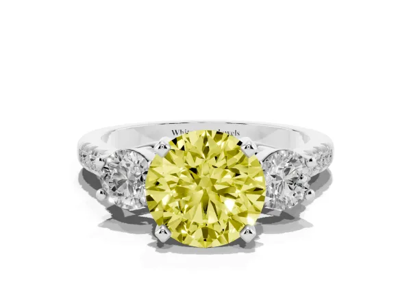 Fancy Yellow Three-Stone Round Cut Diamond Pavé Band with Four-Prong Setting White gold