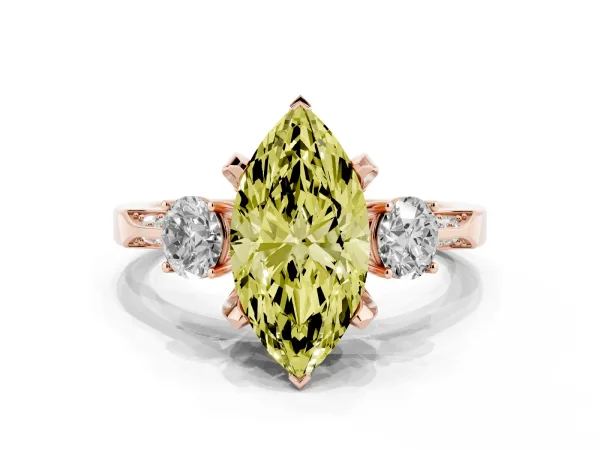 Fancy Yellow Marquise Cut Brilliant Three-Stone Diamond Ring with Pavé Band and Four-Prong Setting Rose gold