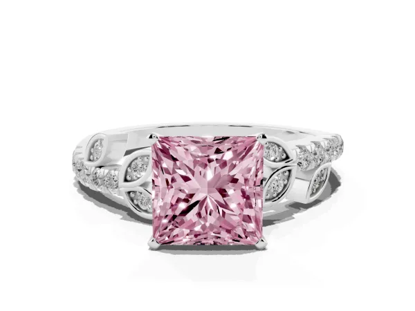 Fancy Pink Princess Cut Solitaire Leaf-Inspired Diamond Ring with Pavé Band and Four-Prong Setting Platinum