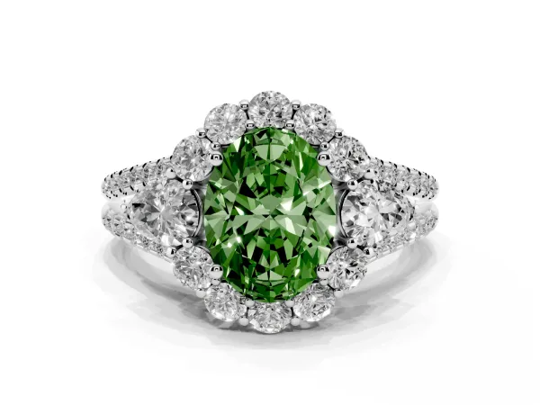 Fancy Green Oval Cut Halo Split Shank Diamond Engagement Ring with Prong Setting Platinum