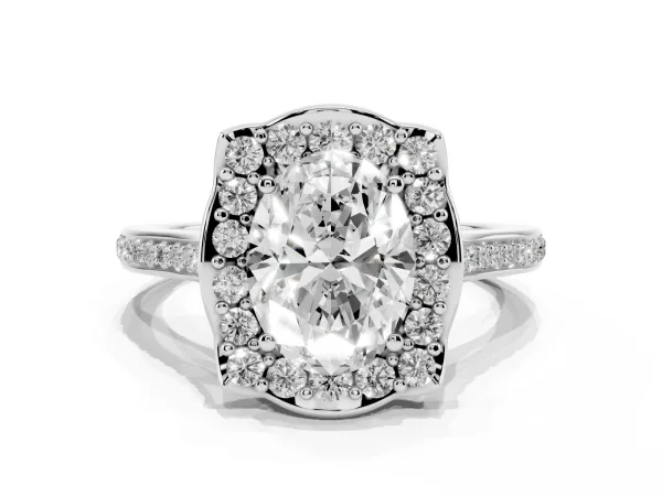 Oval Cut Halo Round Diamond Pave Band with Four-Prong Setting White gold