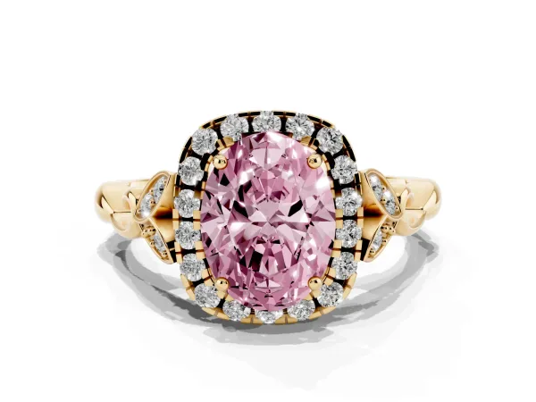 Fancy Pink Oval Cut Halo Diamond Engagement Ring with Vintage-Inspired Band and Four-Prong Setting Yellow gold