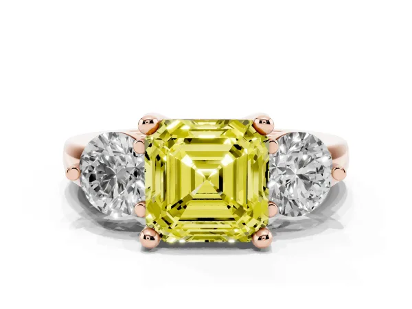 Fancy Yellow Three-Stone Asscher Cut Brilliant Cut Solitaire Ring with Prong Setting on a Classic Band Rose gold