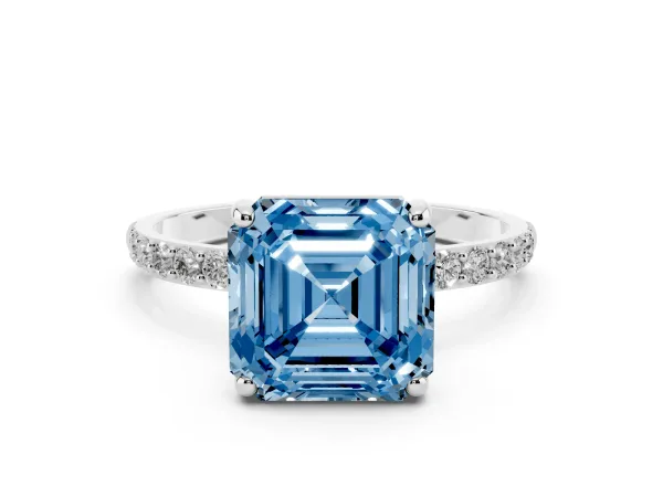 Fancy Blue Asscher Cut Diamond Solitaire Ring with Round Pavé Band and Prong Setting Platinum
