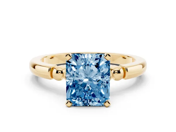 Fancy Blue Radiant Cut Solitaire Beaded Band with Four-Prong Setting Yellow gold