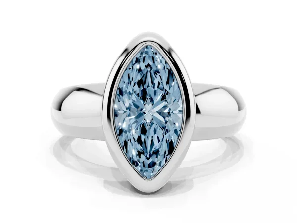 Fancy Blue Bezel Set Marquise Cut Solitaire Ring with Wide Band White gold
