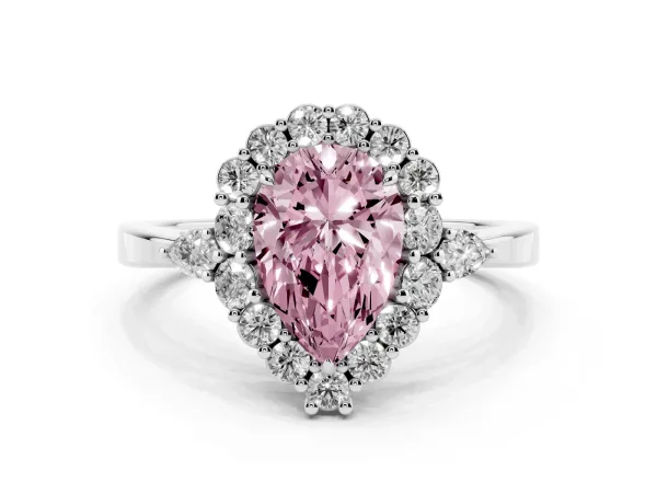 Fancy Pink Pear Cut Diamond Halo Ring with Pear Side Stones and Prong Setting White gold