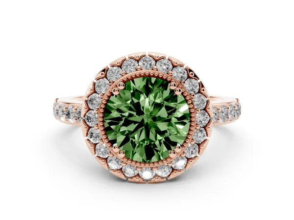 Fancy Green Round Cut Diamond Halo Ring with Pavé Band and Prong Setting Rose gold