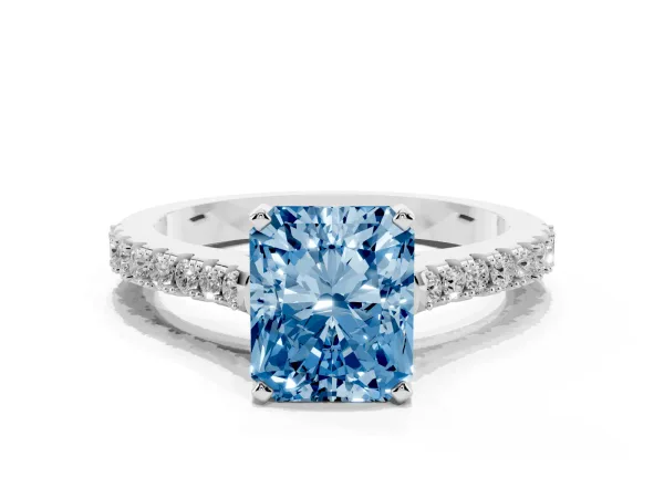 Fancy Blue Radiant Cut Cut Solitaire Diamond Engagement Ring with Pave Band and Four-Prong Setting White gold