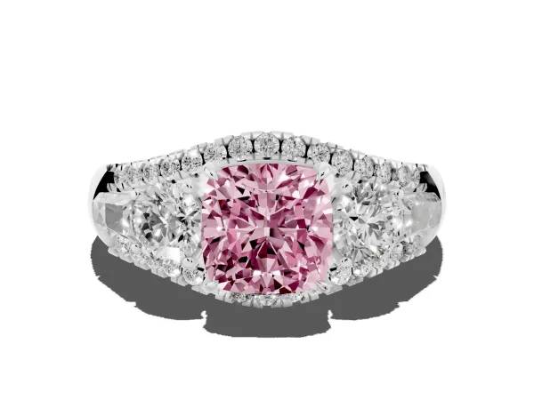 Fancy Pink Three-Stone Cushion Cut Diamond Engagement Ring with Pave Band and Prong Setting White gold