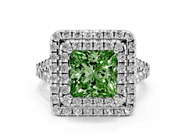 Fancy Green Double Halo Princess Cut Diamond Pavé Split Shank Ring with Prong Setting Platinum
