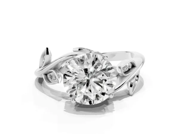 Round Cut Solitaire Twist Engagement Ring with Leaf Accents and Prong Setting Platinum