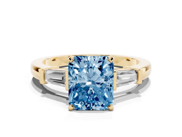 Fancy Blue Radiant Cut Cut Diamond Solitaire Ring with Tapered Baguette Accents and Four-Prong Setting Yellow gold