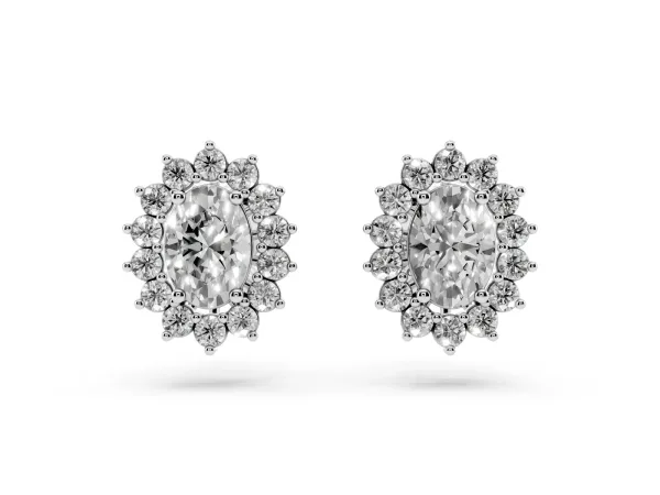 Oval Diamond Floral Halo Stud Earrings Platinum