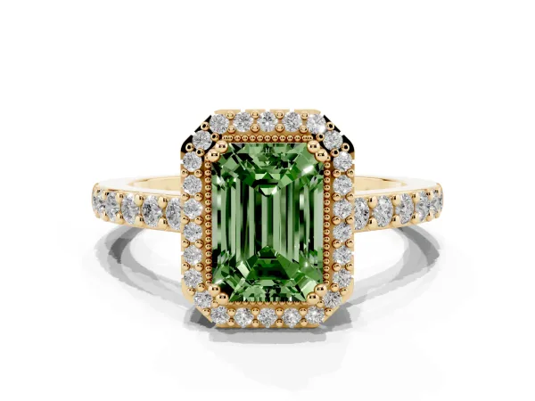 Fancy Green Emerald Cut Cut Diamond Halo Engagement Ring with Milgrain Detail and Pavé Band Yellow gold