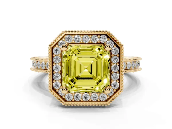 Fancy Yellow Asscher Cut Diamond Milgrain Halo Engagement Ring with Round Pavé Band and Prong Setting Yellow gold