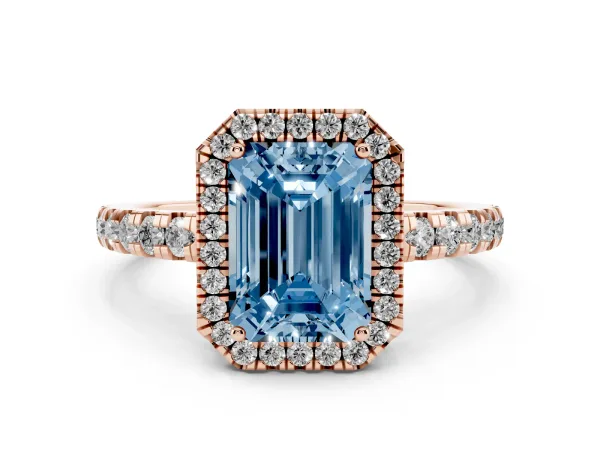 Fancy Blue Emerald Cut Diamond Halo Ring with Pavé Band and Four-Prong Setting Rose gold