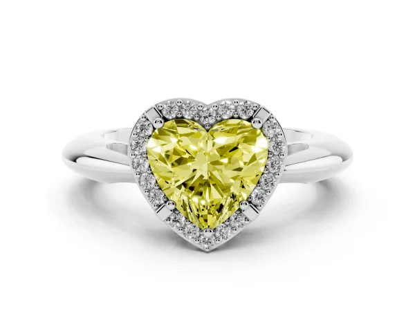 Fancy Yellow Heart Cut Cut Diamond Halo Engagement Ring with Split Shank and Four-Prong Setting White gold