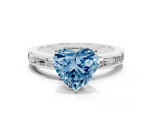Fancy Blue Heart Cut Solitaire Diamond Ring with Channel-Set Baguette Band and Four-Prong Setting White gold