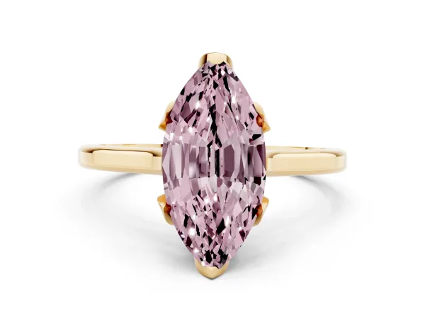 Fancy Pink Marquise Cut Diamond Solitaire Ring with Flower Prong Setting and Classic Band Yellow gold