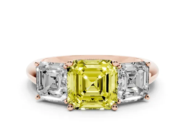 Fancy Yellow Three-Stone Asscher Cut Cut Diamond Engagement Ring with Prong Setting on a White Gold Band Rose gold