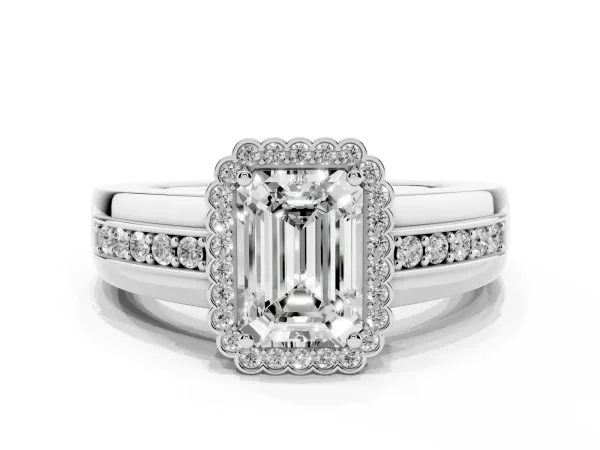 Emerald Cut Cut Halo Pave Band Four-Prong Ring White gold