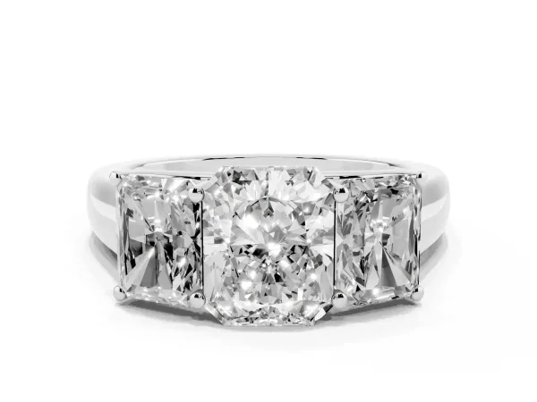Radiant Cut Three-Stone Diamond Ring with Prong Setting on a Classic Band Platinum