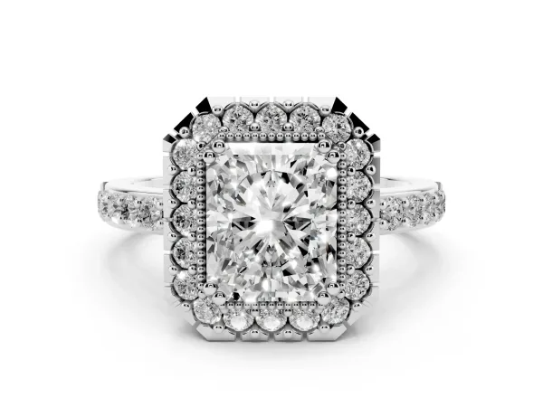 Radiant Cut Diamond Halo Ring with Pavé Band and Prong Setting White gold