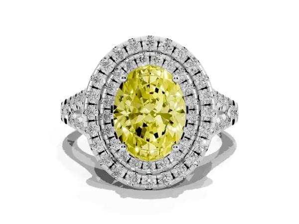 Fancy Yellow Double Halo Oval Cut Diamond Pavé Split Shank Ring with Prong Setting White gold