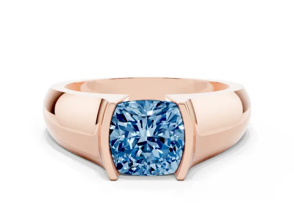 Fancy Blue Cushion Cut Solitaire Bezel Set Diamond Ring with Wide Band Rose gold